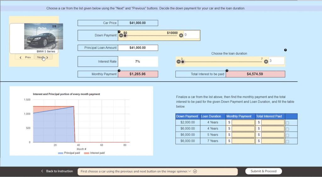 Student choosing car loan parameters