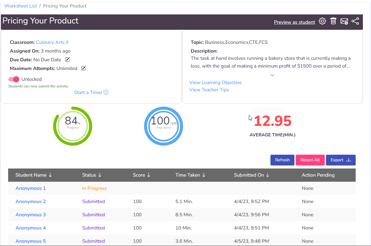 Interactive worksheets teacher console